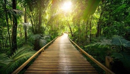 High quality photo. Wooden pathway through lush green tropical jungle with sunlight, serene 