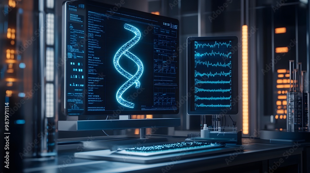 Poster a futuristic lab scene with a glowing dna strand displayed on a computer screen