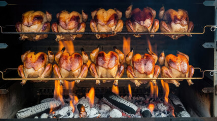 A row of roasted chickens on a grill. The fire is hot and the smoke is rising. The chickens are cooked and ready to be eaten