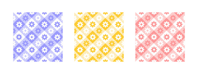 Set of checkered pattern samples with flowers. Textures for spring or summer picnic plaid, table cloth, napkin or blanket. Fabric backgrounds with cute gingham print. Vector flat illustration.