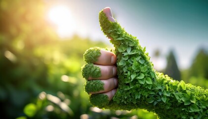 Green Thumbs Up in Lush Garden With Soft Sunlight. Responsible life in harmony with nature concept. A close-up of a green thumb shaped from foliage in a garden, with soft sunlight shining in the 