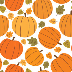 Pumpkin seamless pattern. Thanksgiving background. Autumn pattern with pumpkins and fall leaves. Vector illustration. It can be used for wallpapers, wrapping, cards, patterns for clothes and other. 