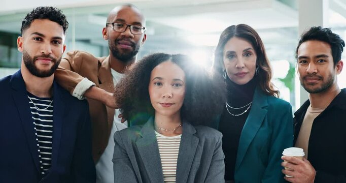 Business people, group and face with diversity in office with pride for career, link or teamwork at agency. Men, women and solidarity for synergy, job and connection with support at insurance company