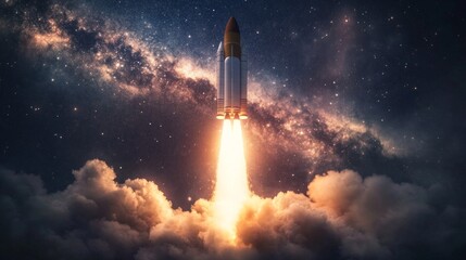 Rocket launch into the cosmos, vibrant exhaust trails illuminating the dark sky, minimalist backdrop, emphasizing the power and beauty of space exploration.