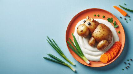 Boiled potato shaped like a hippopotamus on an orange plate with yogurt, carrot slices, and spring onion stems, blue background for a creative food art presentation,