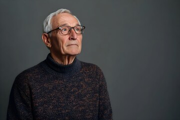 Sad senior man isolated on gray background. Studio portrait. Dementia and Alzheimer's disease concept. Memory loss awareness. Banner with copy space