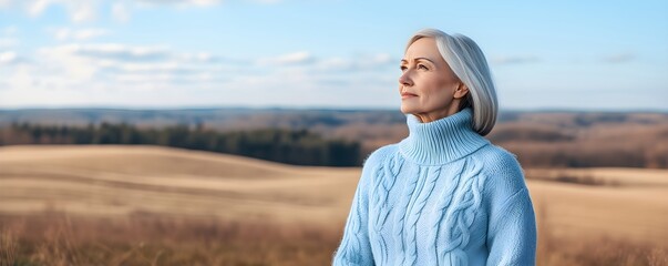 Senior woman in wheat field landscape. Wellness and health concept. Healthy aging. Mindfulness and calmness. Banner with copy space