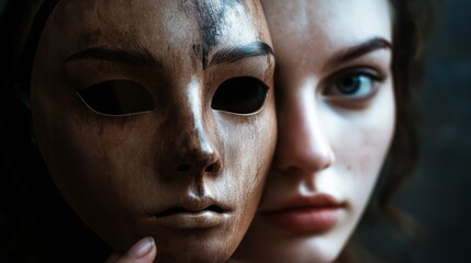 Woman removing a wooden mask from her face, symbolizing the concept of revealing one's true self and inner emotions