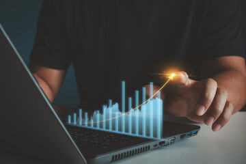 Business development to success and growing growth concept, Business goal and achievement. Sustainable development. Business challenge. Businessman pointing arrow graph corporate future growth plan.