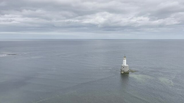 Rattray Head Lighthouse, drone shot, lighthouse with sandy beach and dunes, Peterhead, Aberdeenshire, Scotland, Great Britain