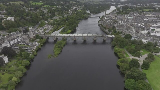 Smeaton's Bridge, historic arch bridge over the River Tay, drone shot, Perth, Scotland, Great Britain