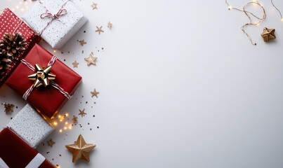 Red Gift Boxes with Ribbons and Stars on White Background
