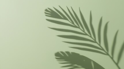 Minimalist abstract image featuring the shadows of leaves and shiny sunlight cast on a smooth, light green background