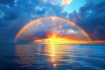 A rainbow is seen in the sky above the ocean