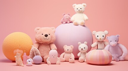 Obraz premium A delightful spread of pastel-colored plush toys exhibited against a soft pink backdrop, creating a warm and inviting scene.