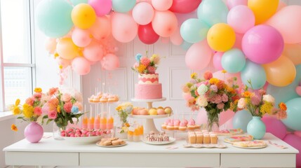 A festive celebration with a beautifully decorated table featuring pastel balloons, flowers, and an array of desserts and sweets.
