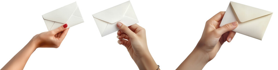Collection of hand holding white blank envelope on transparent background cutout. Isolated hand with envelope.
