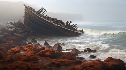 A rusting shipwreck lies tilted against a foggy shoreline, surrounded by jagged rocks and rough waters, evoking a sense of mystery and history.