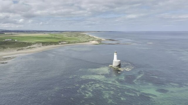 Rattray Head Lighthouse, drone shot, lighthouse with sandy beach and dunes, Peterhead, Aberdeenshire, Scotland, Great Britain