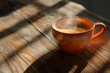 Coffee Mug with Steam on a Wooden Background