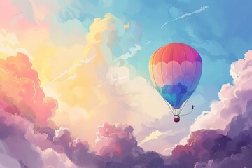 Fototapeta premium A colorful hot air balloon is flying high in the sky above a cloudy backdrop. generative ai image