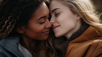 Obraz premium Two friends share an intimate moment of affection, smiling softly and leaning close to each other.