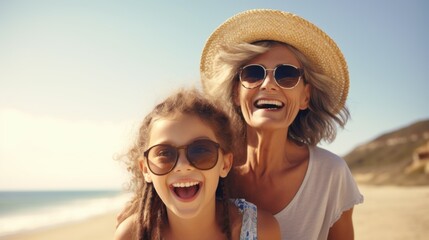 A joyful grandmother and child share a happy moment on a sunny beach day, both wearing sunglasses and smiling brightly.