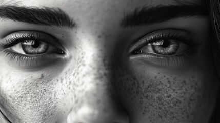 Fototapeta premium Close-up of a young woman's face with freckles and detailed eyes, monochrome effect.