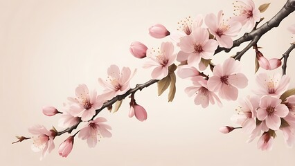 Pink cherry blossom flowers branch on yellow grungy old background, spring style vector illustration