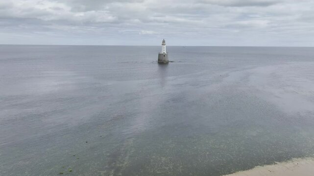 Rattray Head Lighthouse, drone shot, lighthouse with sandy beach and dunes, Peterhead, Aberdeenshire, Scotland, Great Britain