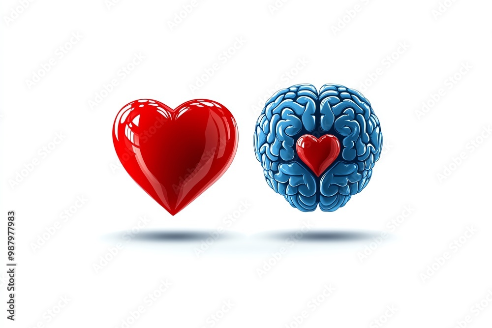 Poster Minimalist brain and heart illustration, symbolizing the balance between logic and emotion in a clean, modern design