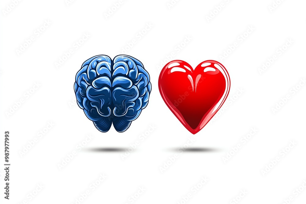 Poster Minimalist brain and heart illustration, symbolizing the balance between logic and emotion in a clean, modern design