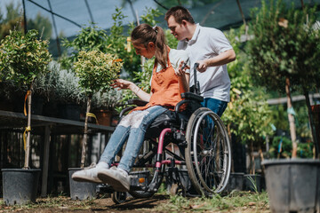 A male with Down syndrome and a female in a wheelchair enjoy exploring various plants in a garden center, showcasing friendship and inclusion.