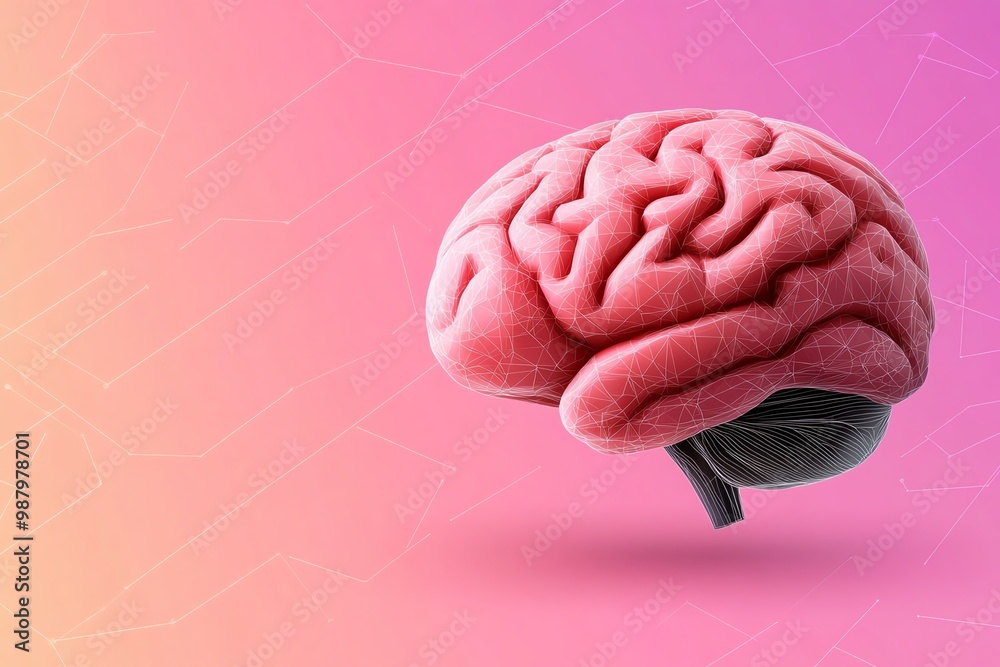 Poster Minimalist brain illustration, set against a soft gradient background with clean lines and subtle geometric patterns