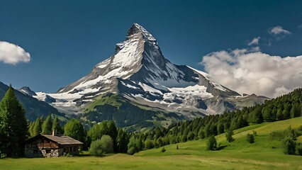 Fototapeta premium landscape photograph featuring a majestic snow-capped mountain under a clear blue sky with scattered white clouds with lush green meadow and trees in the foreground 