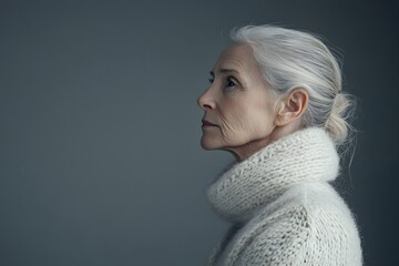Senior woman isolated on gray background. Studio portrait. Dementia and Alzheimer's disease concept. Memory loss awareness. Banner with copy space