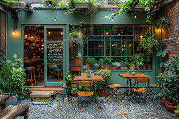 A green restaurant with a chalkboard on the door advertising the menu