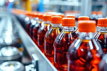 A row of beer bottles are being made in a factory, generative ai image