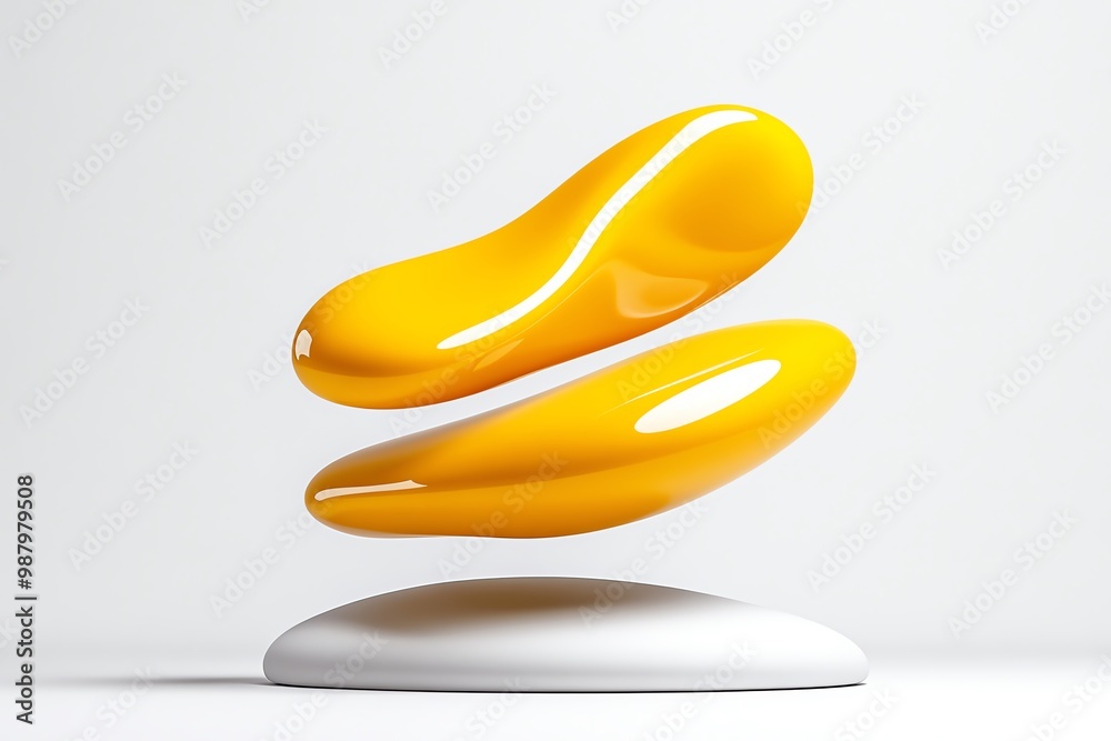Poster minimalist mustard yellow abstract shapes, floating against a clean white background with soft shado