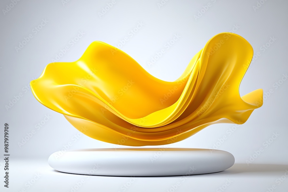 Poster minimalist mustard yellow abstract shapes, floating against a clean white background with soft shado