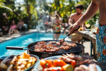 Close up of a man expertly grilling barbecue at a lively poolside party in the backyard
