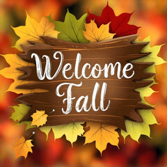 Wooden sign with the words "Welcome Fall" written in elegant, rustic typography, set against a background of vibrant, multi-colored maple leaves, with some leaves falling gracefully in the foreground