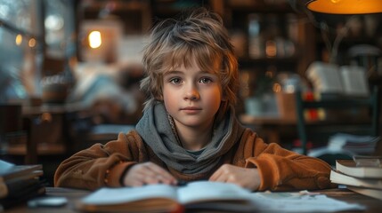 Smiling Caucasian Boy Doing Math Homework at Dining Table