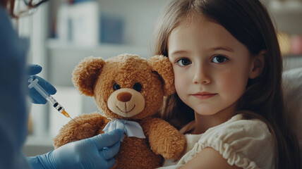 A little girl at a doctors office holding a teddy bear with pensive look on her face unsure. The doctor is giving the teddy a shot to show that there is nothing to be afraid of.