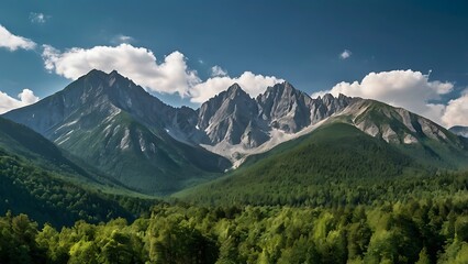 landscape photograph featuring a majestic snow-capped mountain under a clear blue sky with scattered white clouds with lush green meadow and trees in the foreground