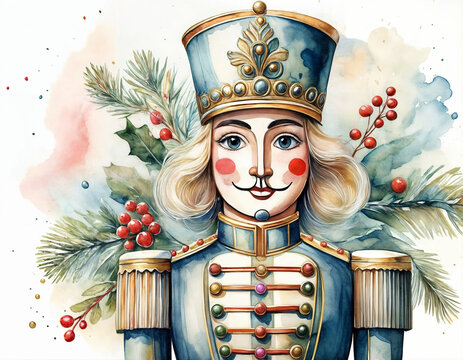 close up portrait of a drawn nutcracker at Christmastime illustration