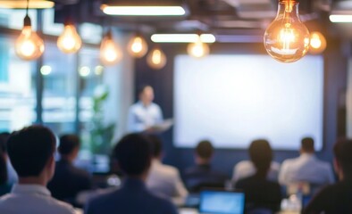 Asian business training presentation in a modern office, audience seated and listening to the speaker with light bulb pendant lights, whiteboard, and laptop displaying PowerPoint content.