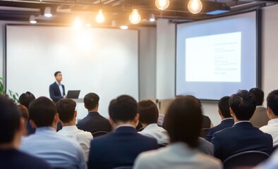 Asian business training presentation in a modern office, audience seated and listening to the speaker with light bulb pendant lights, whiteboard, and laptop displaying PowerPoint content.