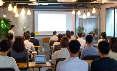 Obraz premium Asian business training presentation in a modern office, audience seated and listening to the speaker with light bulb pendant lights, whiteboard, and laptop displaying PowerPoint content.