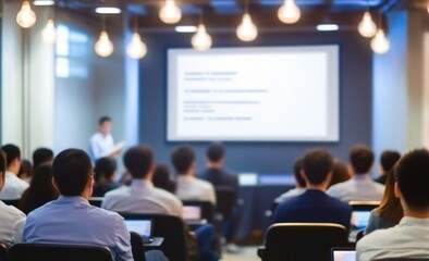 Asian business training presentation in a modern office, audience seated and listening to the speaker with light bulb pendant lights, whiteboard, and laptop displaying PowerPoint content.